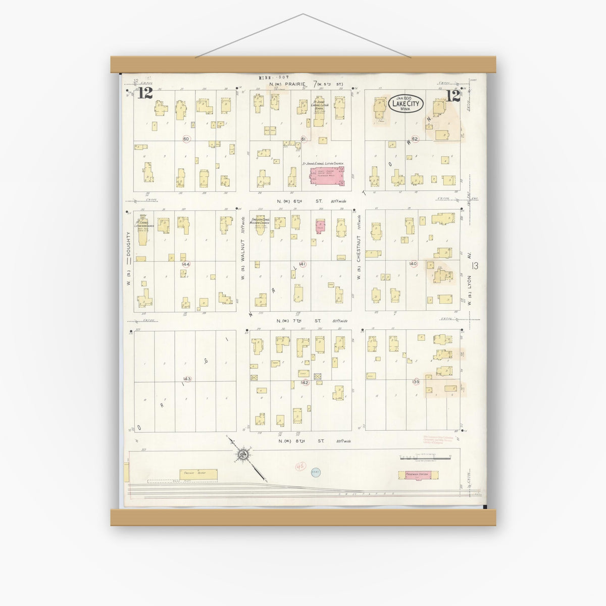Old map wall art mockup — magnetic wood frame on white wall — Sanborn Fire Insurance Map from Lake City, Wabasha County, Minnesota (1938), Sheet #0012