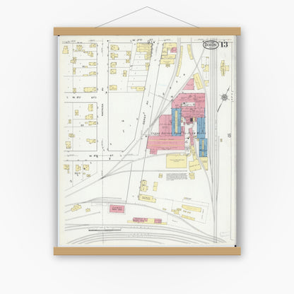 Old map wall art mockup — magnetic wood frame on white wall — Sanborn Fire Insurance Map from Dixon, Lee County, Illinois (1918), Sheet #0013