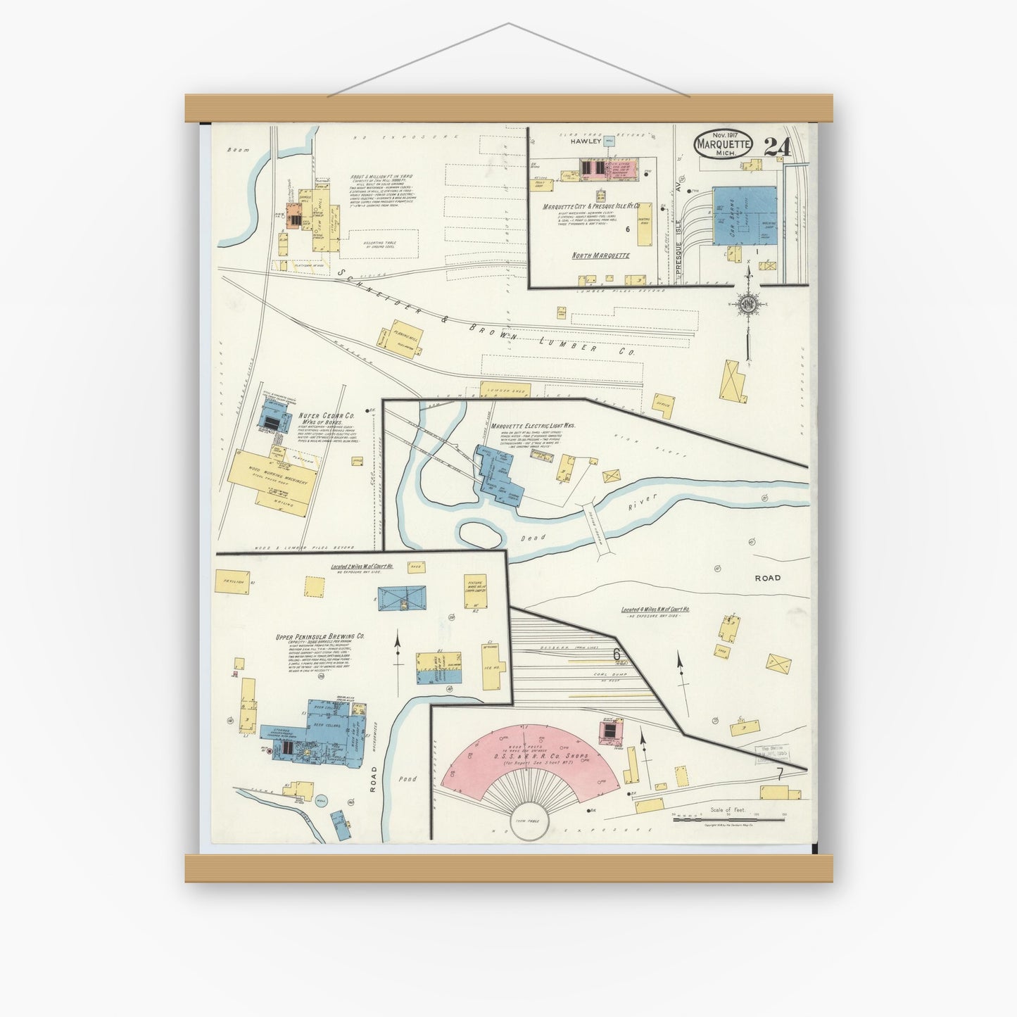 Old map wall art mockup — magnetic wood frame on white wall — Sanborn Fire Insurance Map from Marquette, Marquette County, Michigan (1917), Sheet #0024