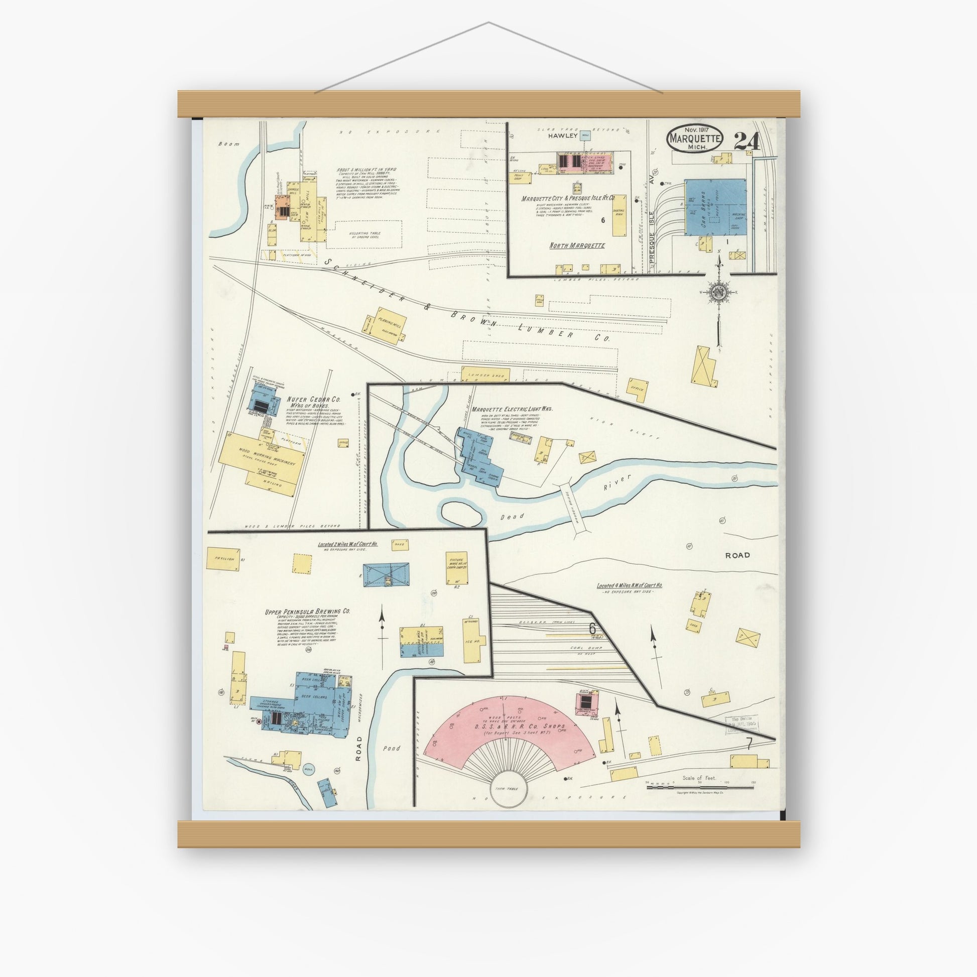 Old map wall art mockup — magnetic wood frame on white wall — Sanborn Fire Insurance Map from Marquette, Marquette County, Michigan (1917), Sheet #0024