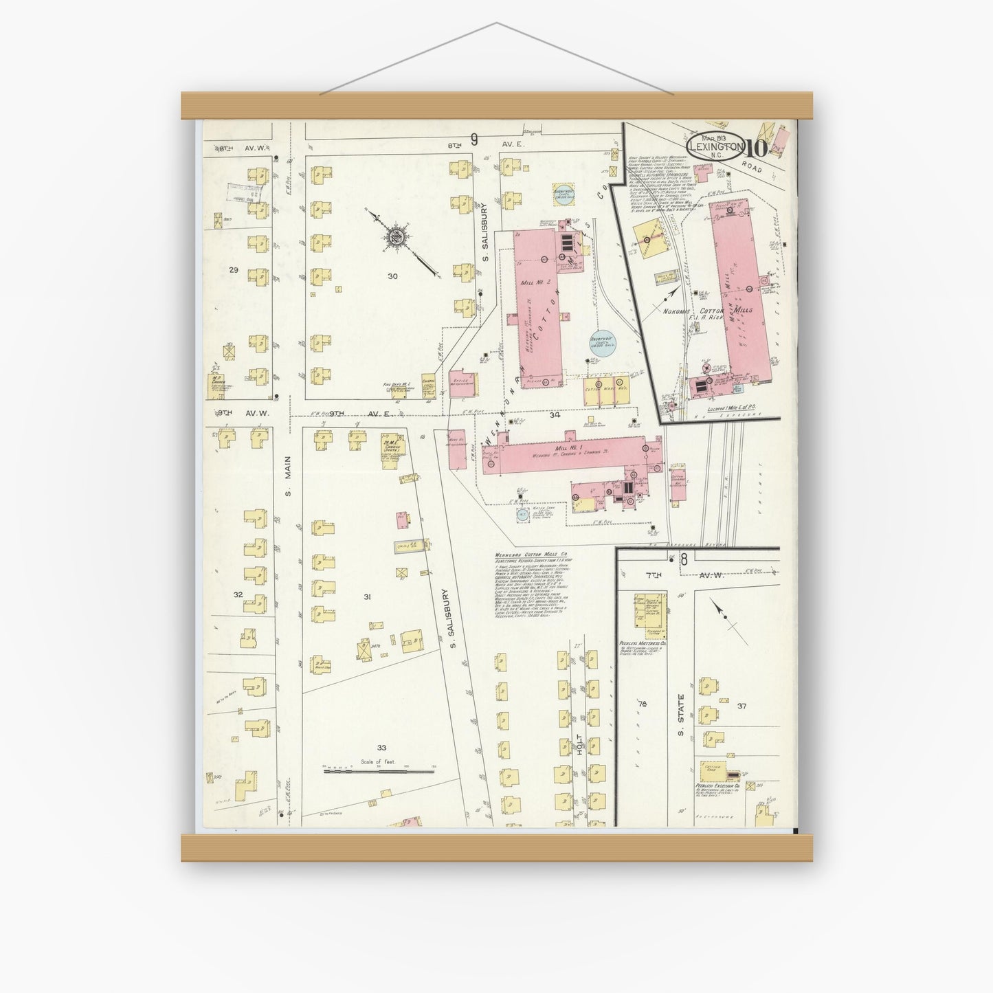 Old map wall art mockup — magnetic wood frame on white wall — Sanborn Fire Insurance Map from Lexington, Davidson County, North Carolina (1913), Sheet #0010