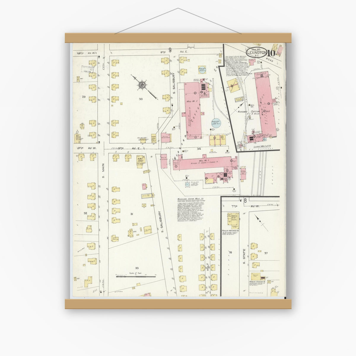 Old map wall art mockup — magnetic wood frame on white wall — Sanborn Fire Insurance Map from Lexington, Davidson County, North Carolina (1913), Sheet #0010