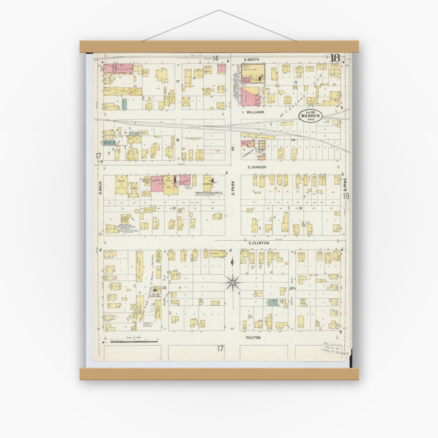 Old map wall art mockup — magnetic wood frame on white wall — Sanborn Fire Insurance Map from Warren, Trumbull County, Ohio (1902), Sheet #0018