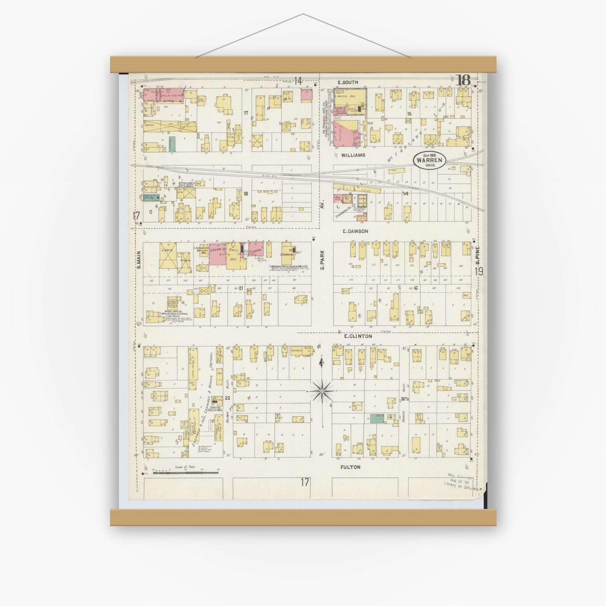 Old map wall art mockup — magnetic wood frame on white wall — Sanborn Fire Insurance Map from Warren, Trumbull County, Ohio (1902), Sheet #0018