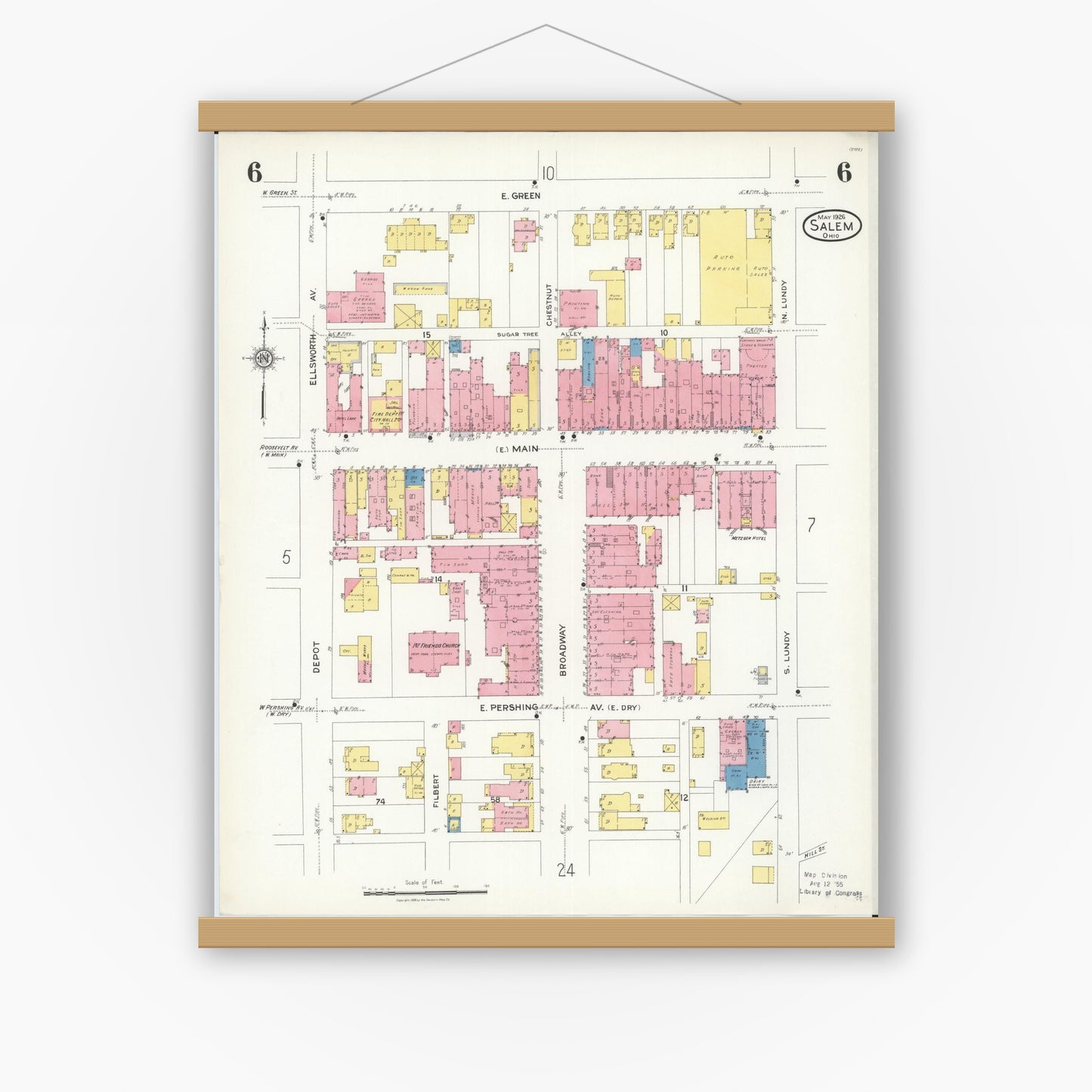 Old map wall art mockup — magnetic wood frame on white wall — Sanborn Fire Insurance Map from Salem, Columbiana County, Ohio (1926), Sheet #0006