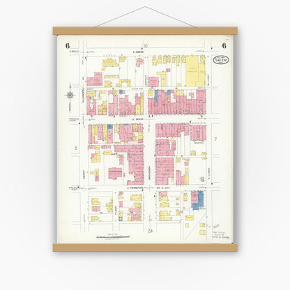 Old map wall art mockup — magnetic wood frame on white wall — Sanborn Fire Insurance Map from Salem, Columbiana County, Ohio (1926), Sheet #0006