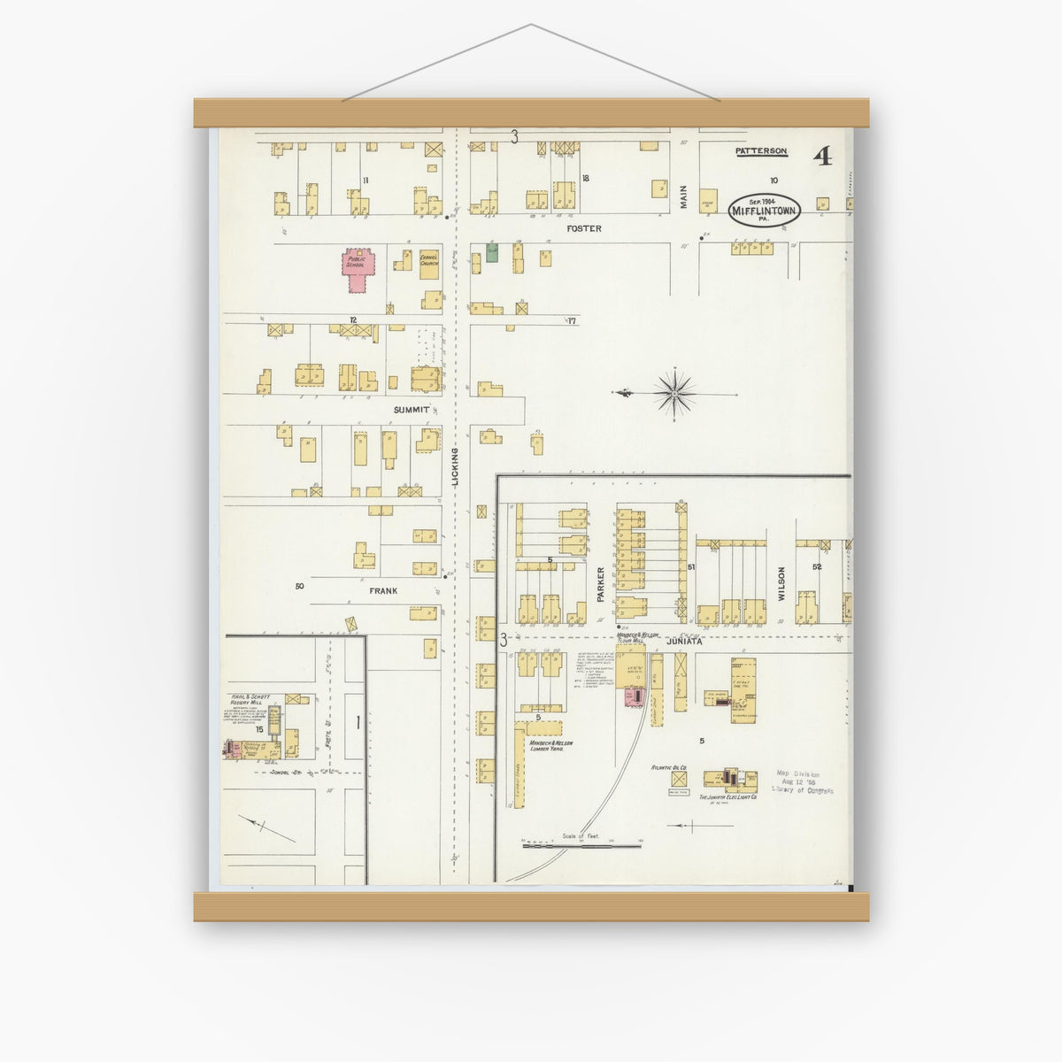 Old map wall art mockup — magnetic wood frame on white wall — Sanborn Fire Insurance Map from Mifflintown, Juniata County, Pennsylvania (1904), Sheet #0004
