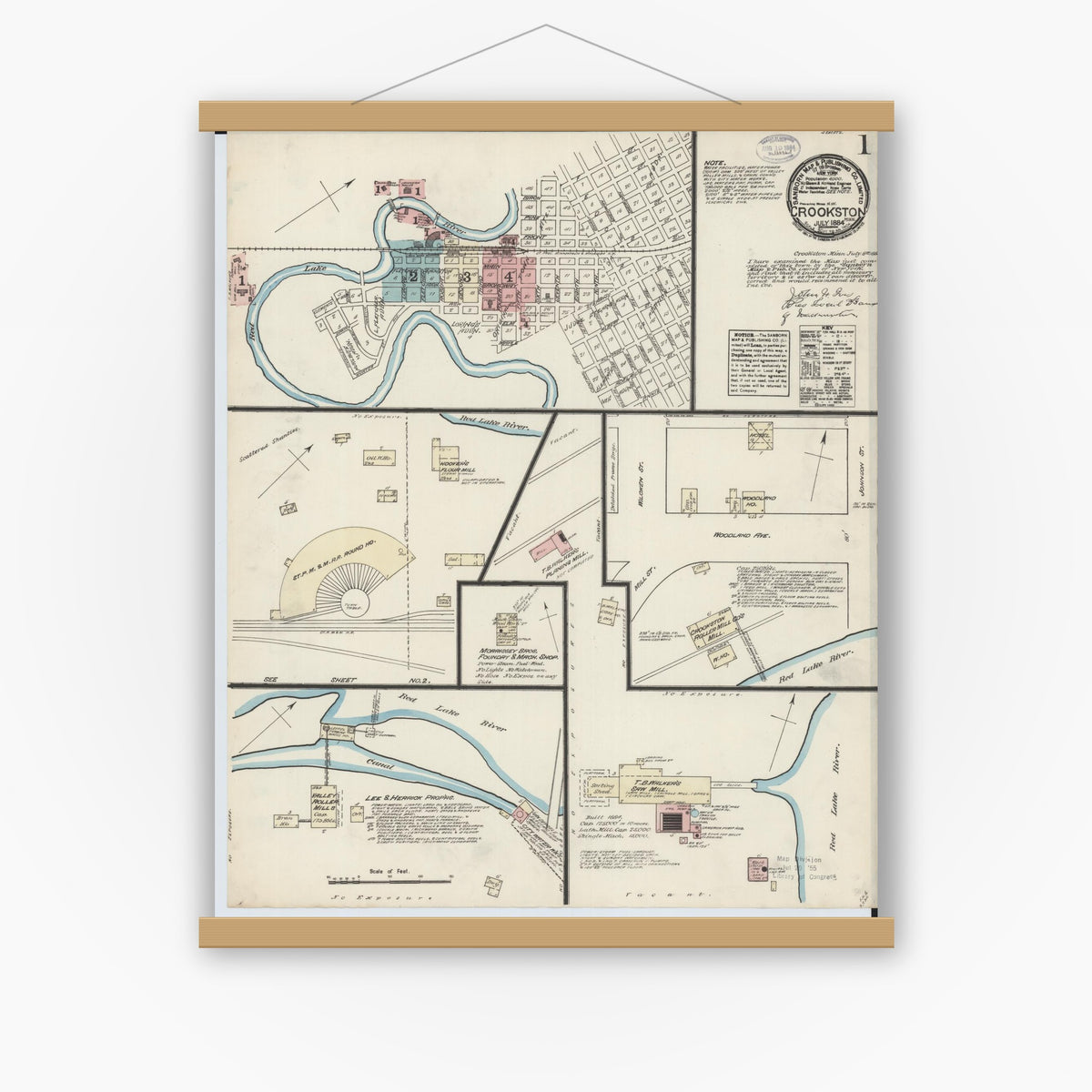 Old map wall art mockup — magnetic wood frame on white wall — Sanborn Fire Insurance Map from Crookston, Polk County, Minnesota (1884) - Complete Map Set