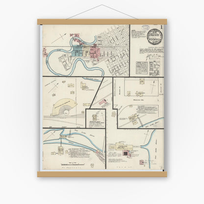 Old map wall art mockup — magnetic wood frame on white wall — Sanborn Fire Insurance Map from Crookston, Polk County, Minnesota (1884) - Complete Map Set