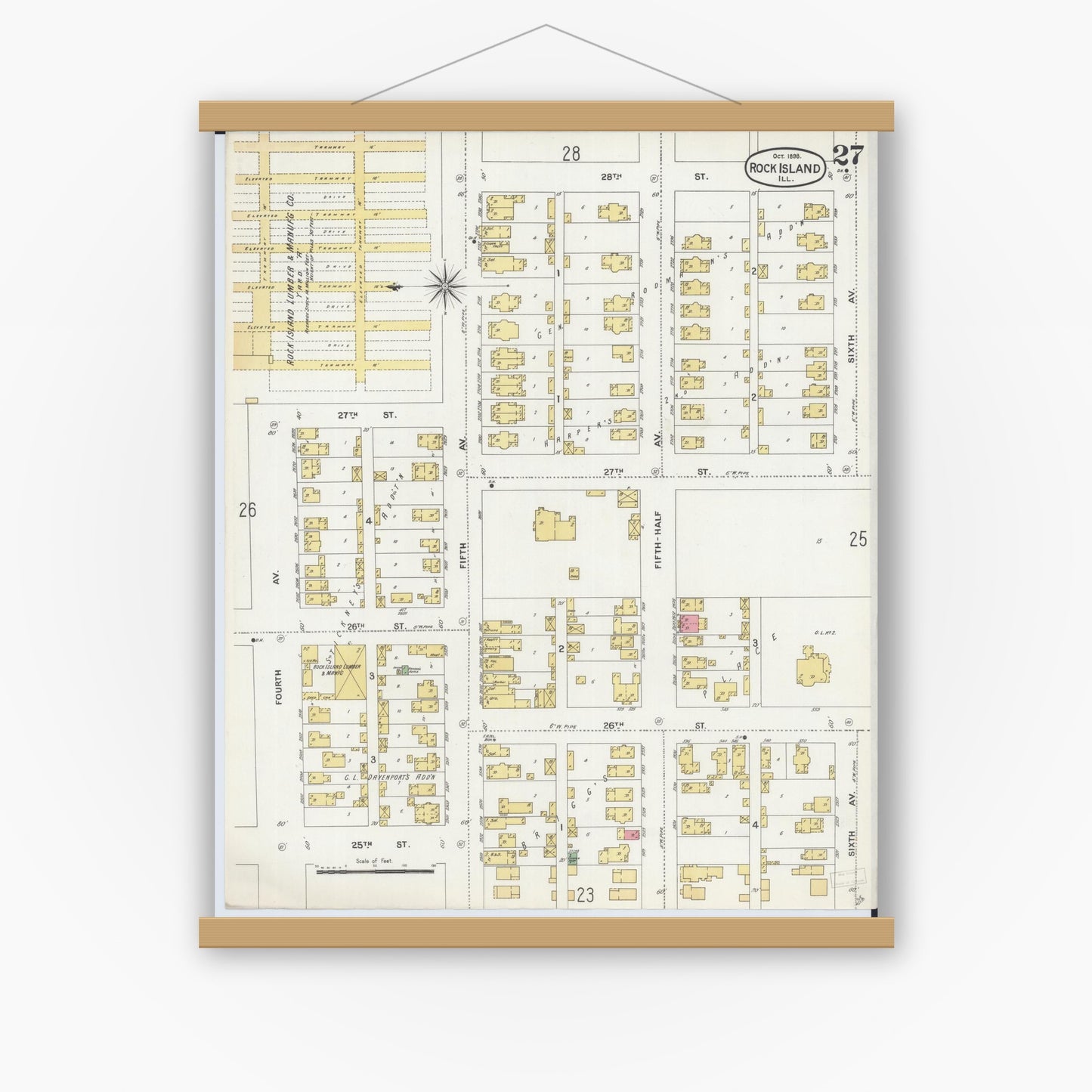 Old map wall art mockup — magnetic wood frame on white wall — Sanborn Fire Insurance Map from Rock Island, Rock Island County, Illinois (1898), Sheet #0027