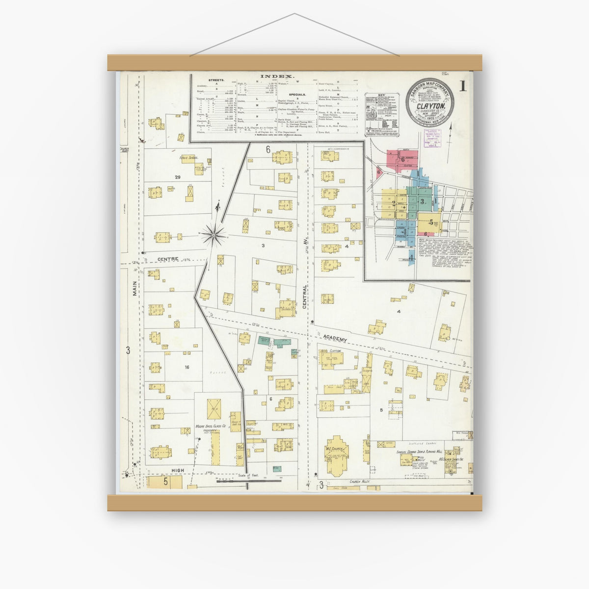 Old map wall art mockup — magnetic wood frame on white wall — Sanborn Fire Insurance Map from Clayton, Gloucester County, New Jersey (1905), Sheet #0001