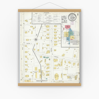 Old map wall art mockup — magnetic wood frame on white wall — Sanborn Fire Insurance Map from Clayton, Gloucester County, New Jersey (1905), Sheet #0001