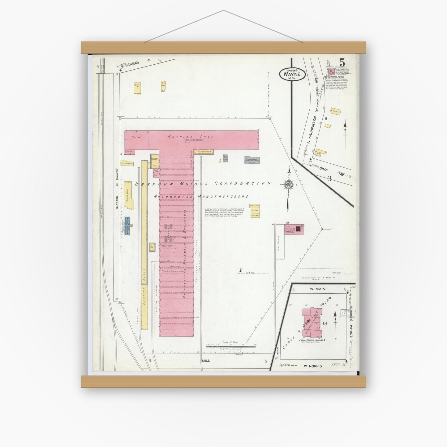 Old map wall art mockup — magnetic wood frame on white wall — Sanborn Fire Insurance Map from Wayne, Wayne County, Michigan (1919), Sheet #0005