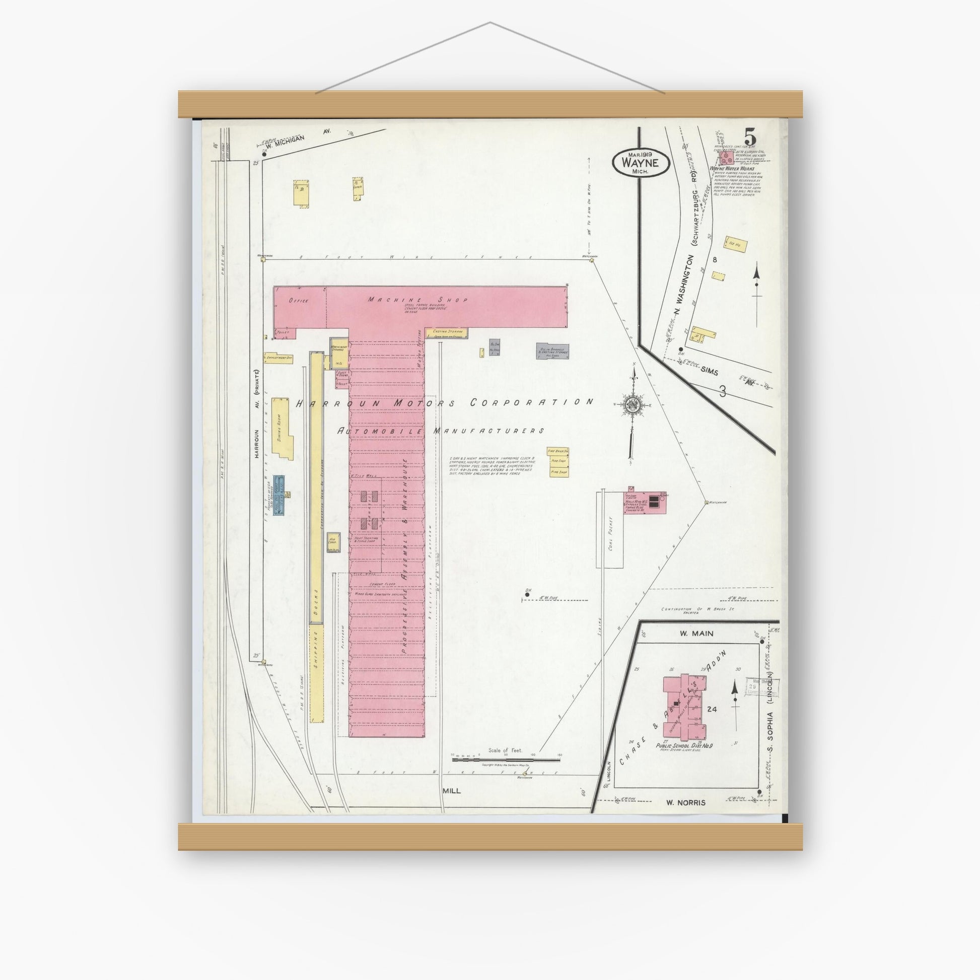 Old map wall art mockup — magnetic wood frame on white wall — Sanborn Fire Insurance Map from Wayne, Wayne County, Michigan (1919), Sheet #0005
