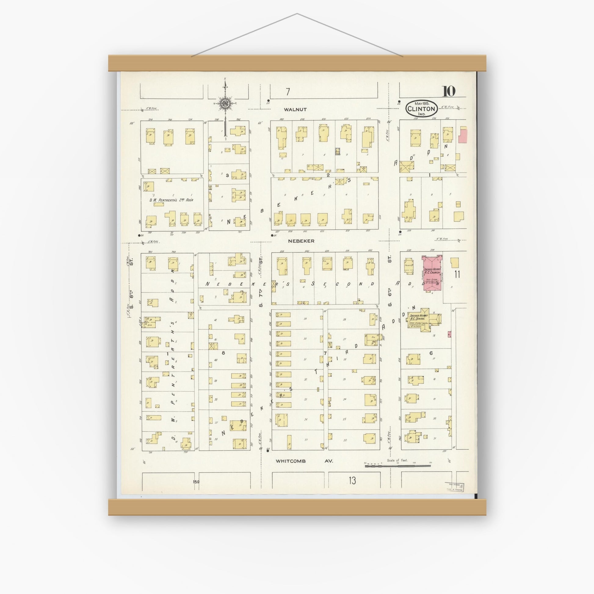 Old map wall art mockup — magnetic wood frame on white wall — Sanborn Fire Insurance Map from Clinton, Vermillion County, Indiana (1915), Sheet #0010