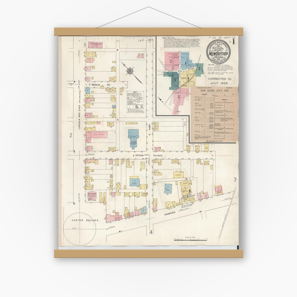 Old map wall art mockup — magnetic wood frame on white wall — Sanborn Fire Insurance Map from New Oxford, Adams County, Pennsylvania (1929) - Complete Map Set