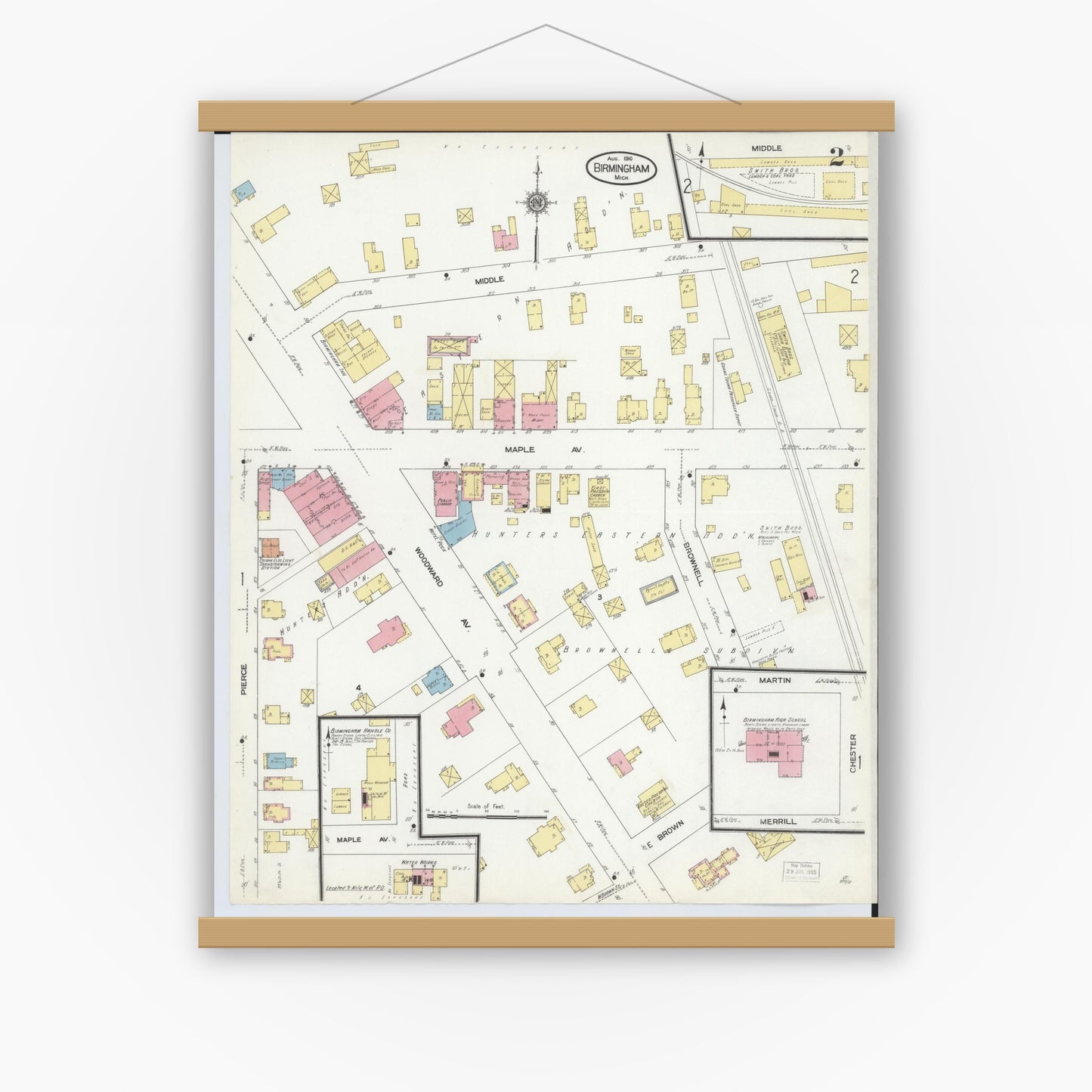 Old map wall art mockup — magnetic wood frame on white wall — Sanborn Fire Insurance Map from Birmingham, Oakland County, Michigan (1910), Sheet #0002