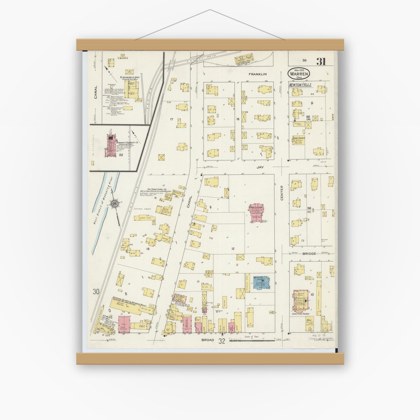 Old map wall art mockup — magnetic wood frame on white wall — Sanborn Fire Insurance Map from Warren, Trumbull County, Ohio (1915), Sheet #0031