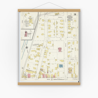 Old map wall art mockup — magnetic wood frame on white wall — Sanborn Fire Insurance Map from Warren, Trumbull County, Ohio (1915), Sheet #0031