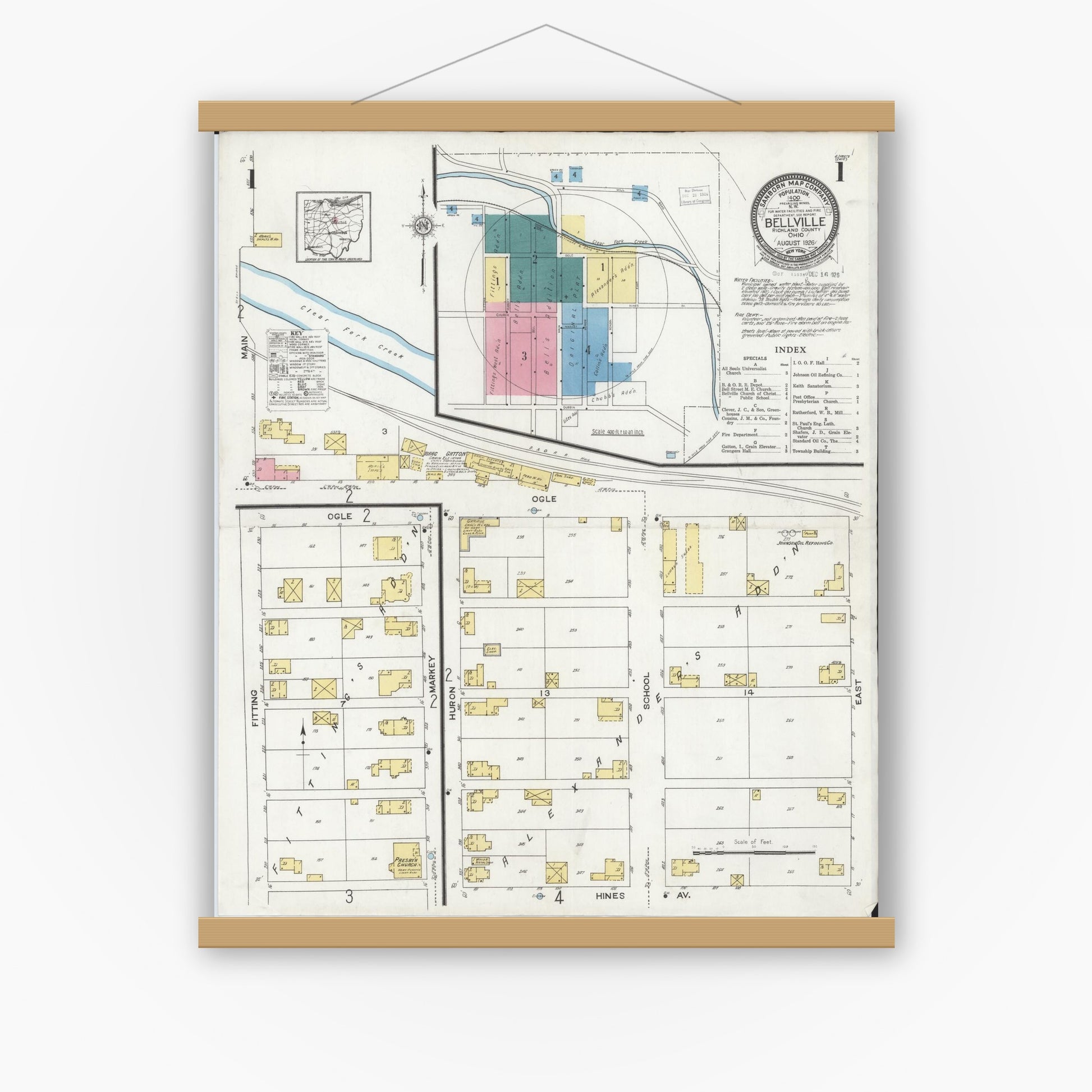 Old map wall art mockup — magnetic wood frame on white wall — Sanborn Fire Insurance Map from Bellville, Richland County, Ohio (1926), Sheet #0001