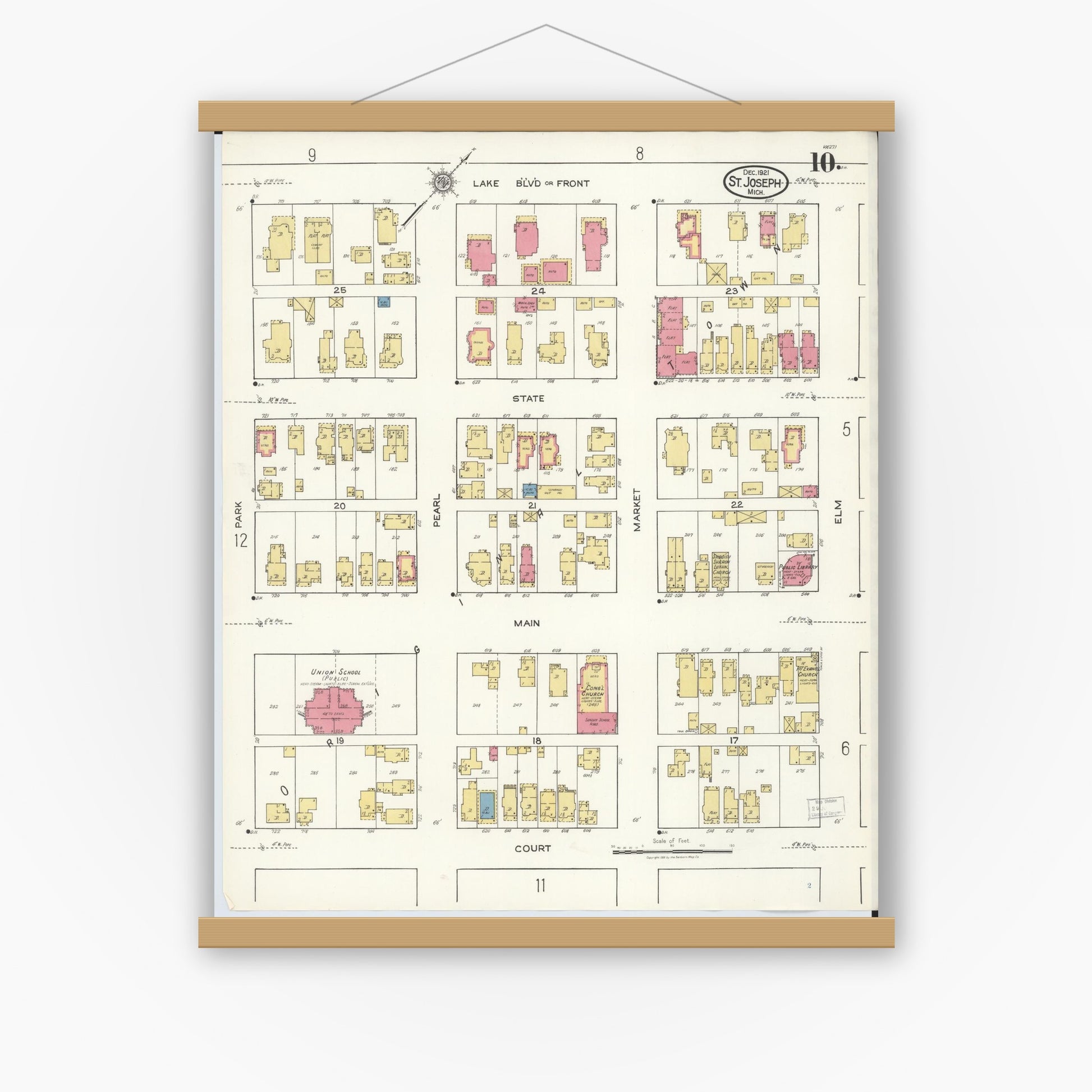 Old map wall art mockup — magnetic wood frame on white wall — Sanborn Fire Insurance Map from Saint Joseph, Berrien County, Michigan (1921), Sheet #0010