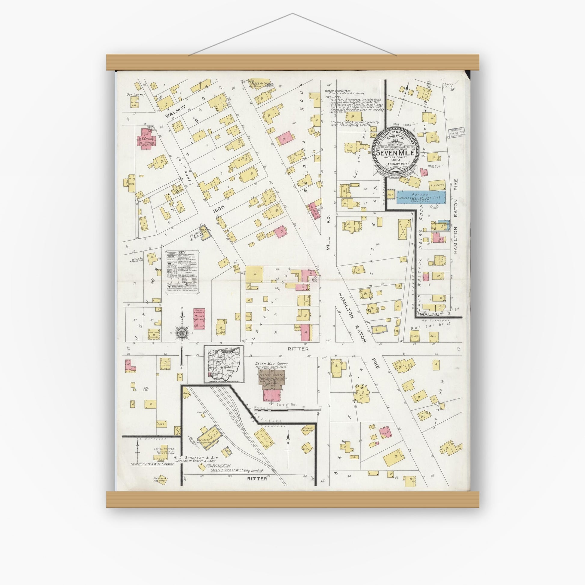 Old map wall art mockup — magnetic wood frame on white wall — Sanborn Fire Insurance Map from Seven Mile, Butler County, Ohio (1927), Sheet #0001