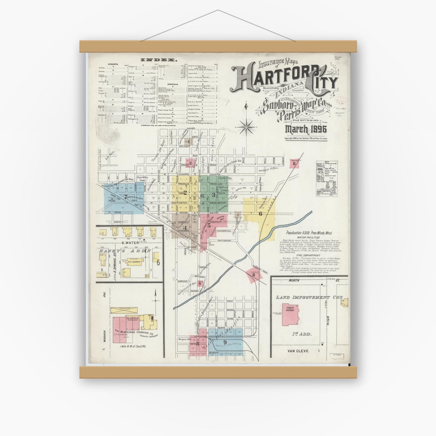 Old map wall art mockup — magnetic wood frame on white wall — Sanborn Fire Insurance Map from Hartford City, Blackford County, Indiana (1896) - Complete Map Set