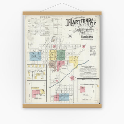 Old map wall art mockup — magnetic wood frame on white wall — Sanborn Fire Insurance Map from Hartford City, Blackford County, Indiana (1896) - Complete Map Set