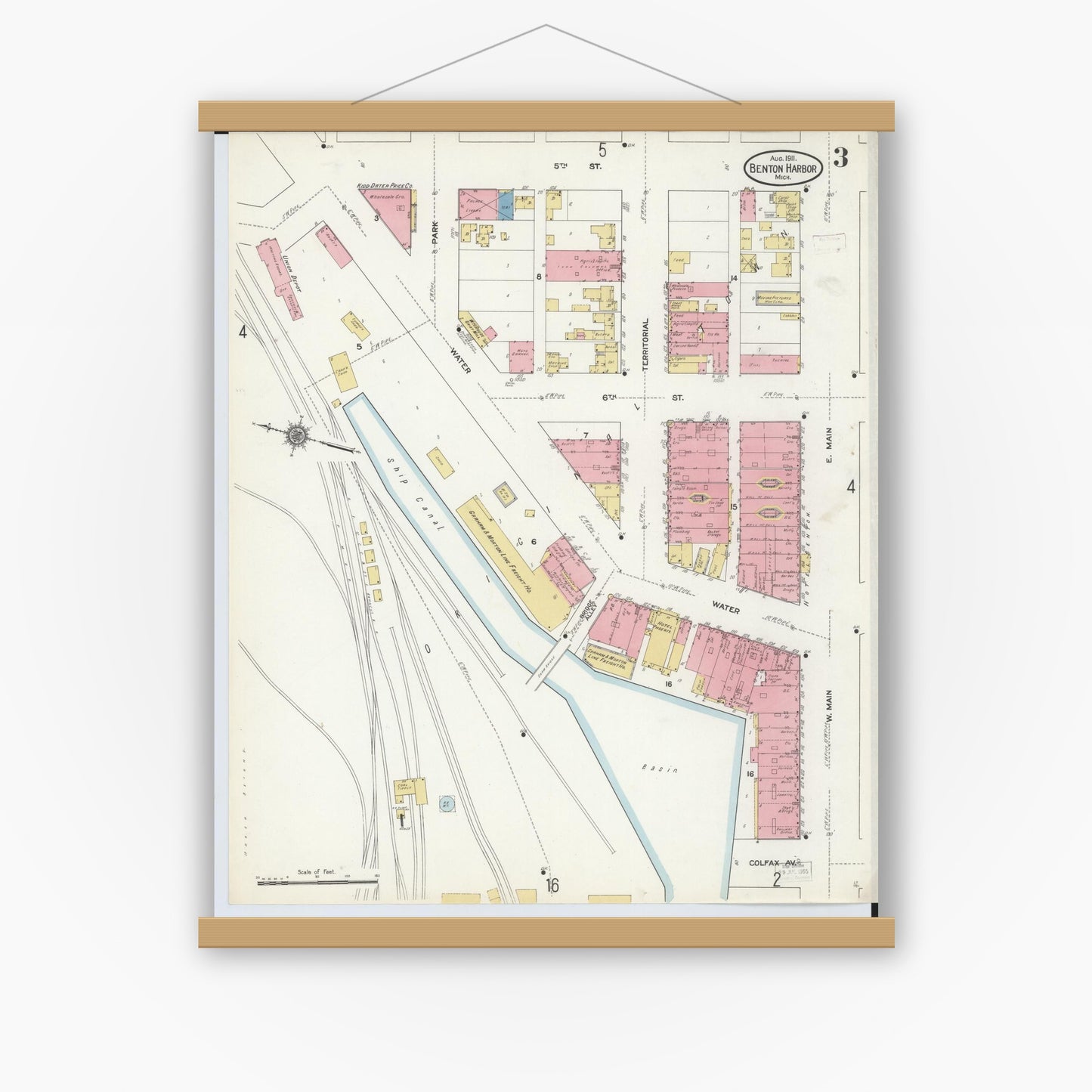 Old map wall art mockup — magnetic wood frame on white wall — Sanborn Fire Insurance Map from Benton Harbor, Berrien County, Michigan (1911), Sheet #0003