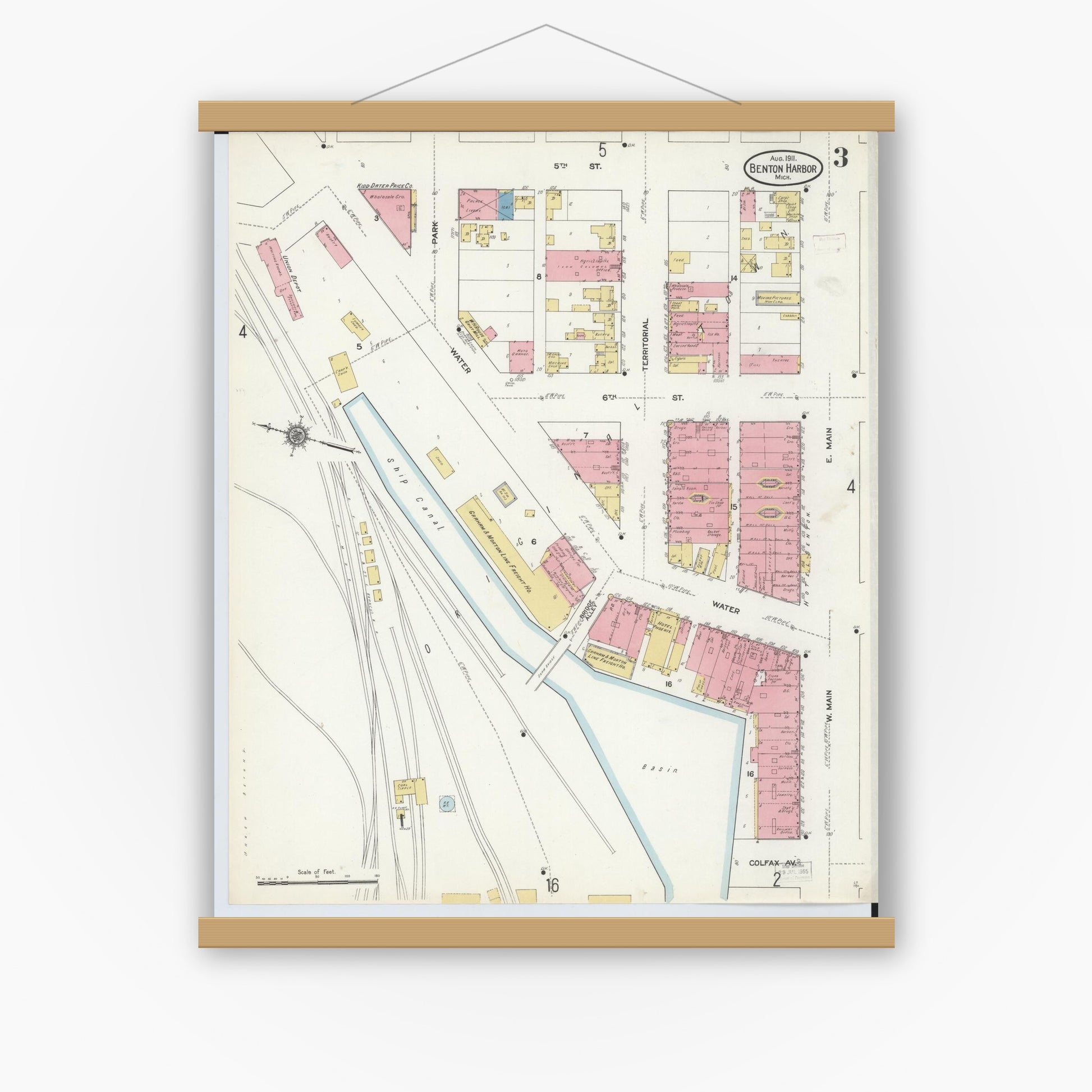 Old map wall art mockup — magnetic wood frame on white wall — Sanborn Fire Insurance Map from Benton Harbor, Berrien County, Michigan (1911), Sheet #0003