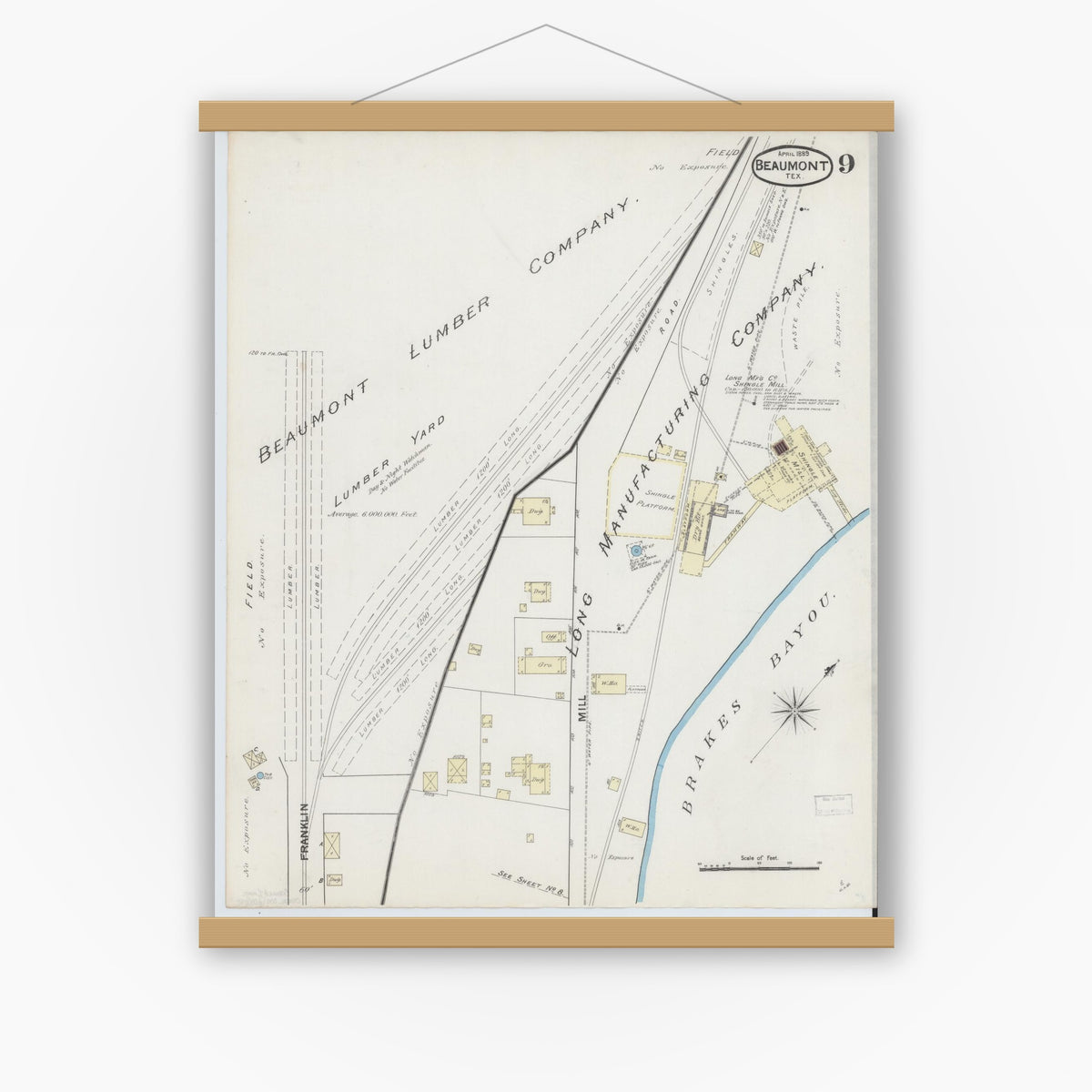 Old map wall art mockup — magnetic wood frame on white wall — Sanborn Fire Insurance Map from Beaumont, Jefferson County, Texas (1889), Sheet #0009