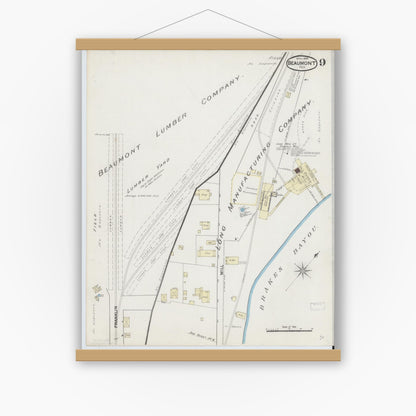 Old map wall art mockup — magnetic wood frame on white wall — Sanborn Fire Insurance Map from Beaumont, Jefferson County, Texas (1889), Sheet #0009