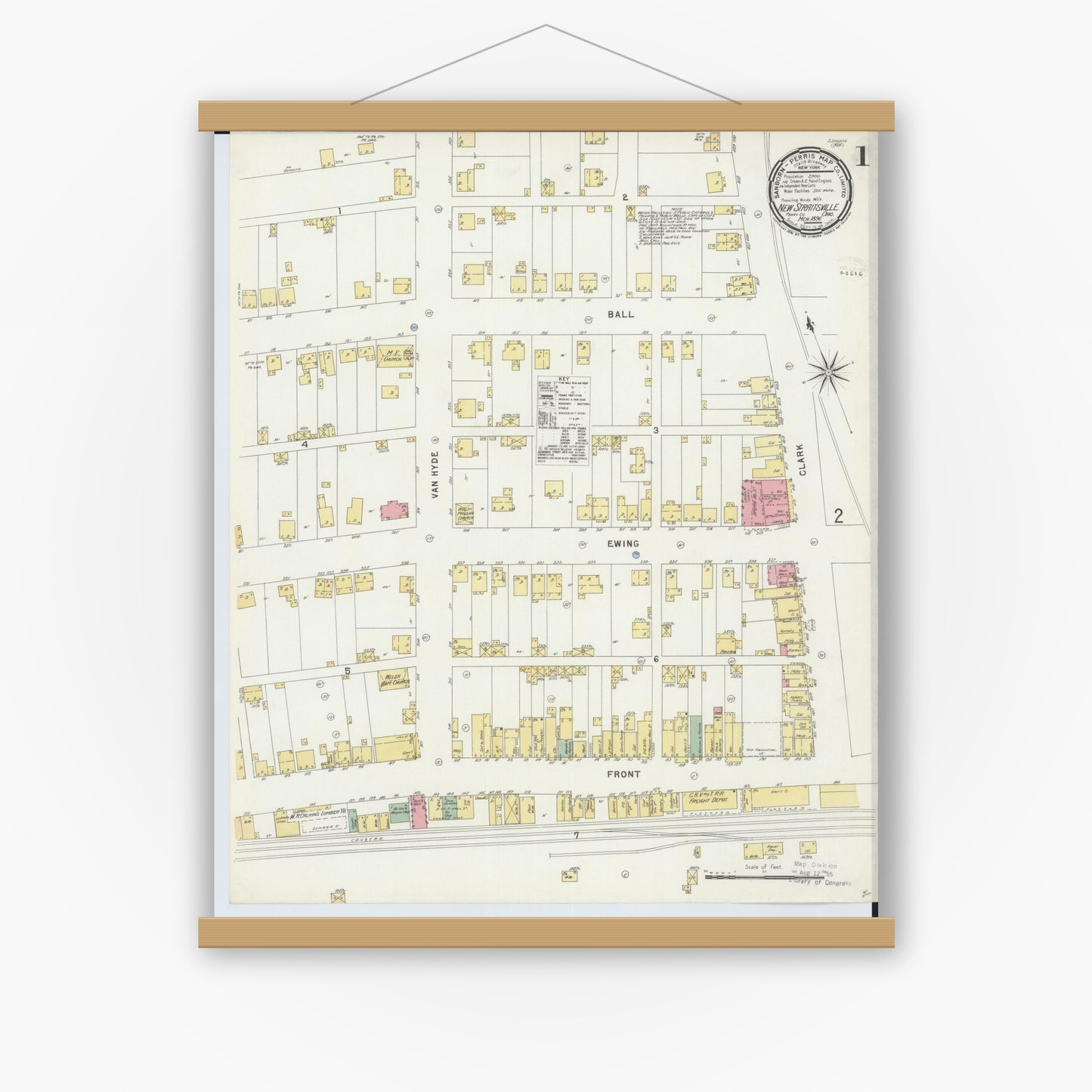 Old map wall art mockup — magnetic wood frame on white wall — Sanborn Fire Insurance Map from New Straitsville, Perry County, Ohio (1896) - Complete Map Set