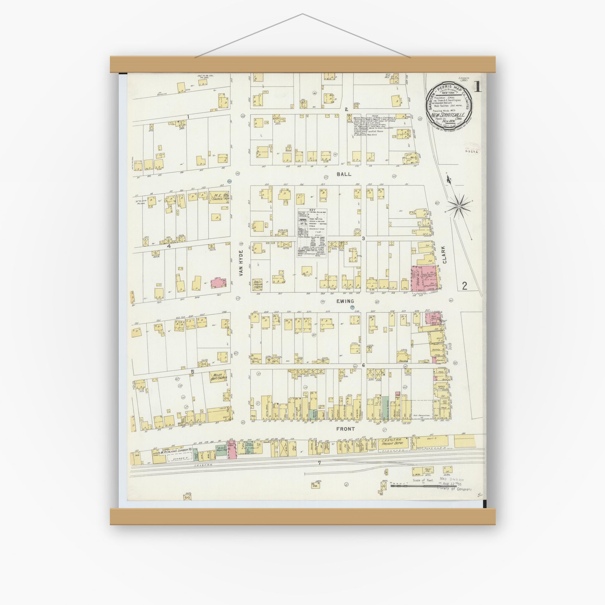 Old map wall art mockup — magnetic wood frame on white wall — Sanborn Fire Insurance Map from New Straitsville, Perry County, Ohio (1896) - Complete Map Set