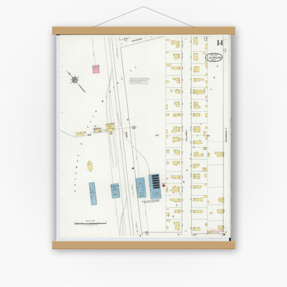 Old map wall art mockup — magnetic wood frame on white wall — Sanborn Fire Insurance Map from Laurium, Houghton County, Michigan (1917), Sheet #0014