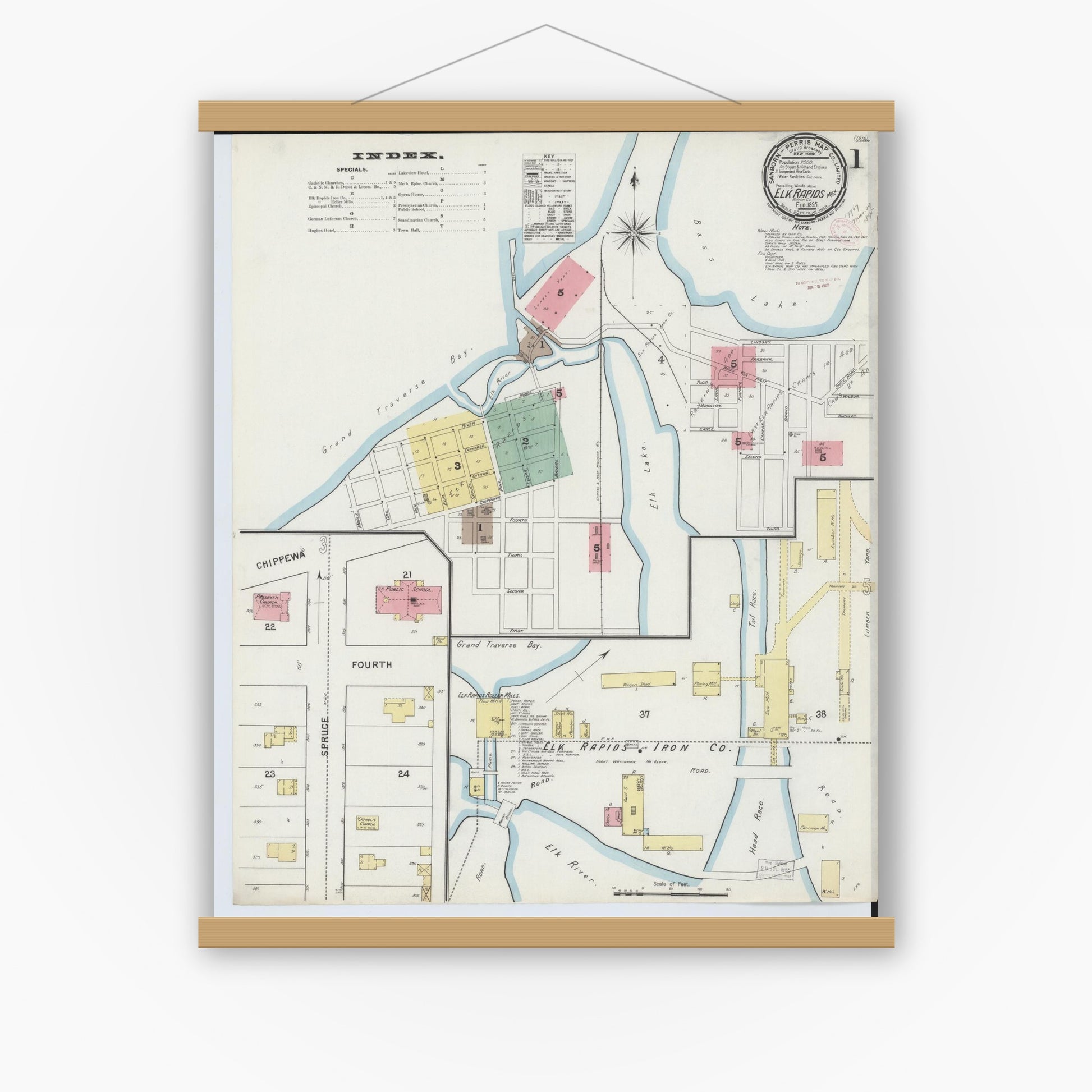Old map wall art mockup — magnetic wood frame on white wall — Sanborn Fire Insurance Map from Elk Rapids, Antrim County, Michigan (1895), Sheet #0001