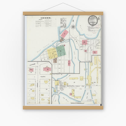 Old map wall art mockup — magnetic wood frame on white wall — Sanborn Fire Insurance Map from Elk Rapids, Antrim County, Michigan (1895), Sheet #0001