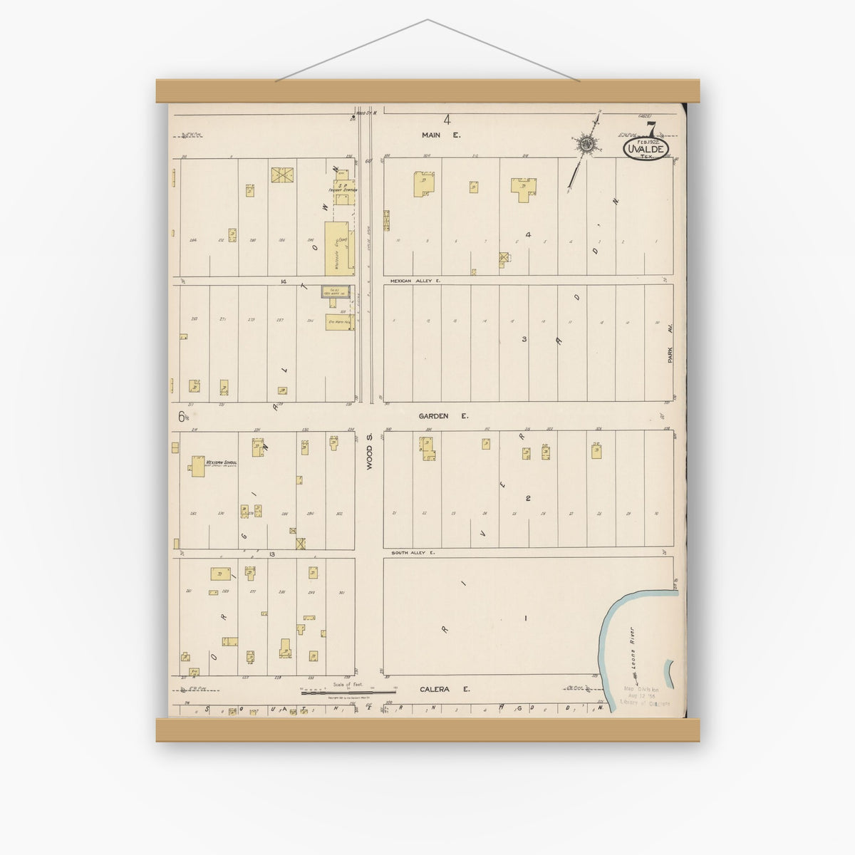 Old map wall art mockup — magnetic wood frame on white wall — Sanborn Fire Insurance Map from Uvalde, Uvalde County, Texas (1922), Sheet #0007