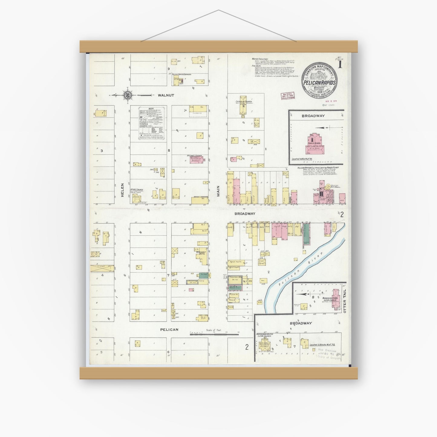 Old map wall art mockup — magnetic wood frame on white wall — Sanborn Fire Insurance Map from Pelican Rapids, Otter Tail County, Minnesota (1909) - Complete Map Set
