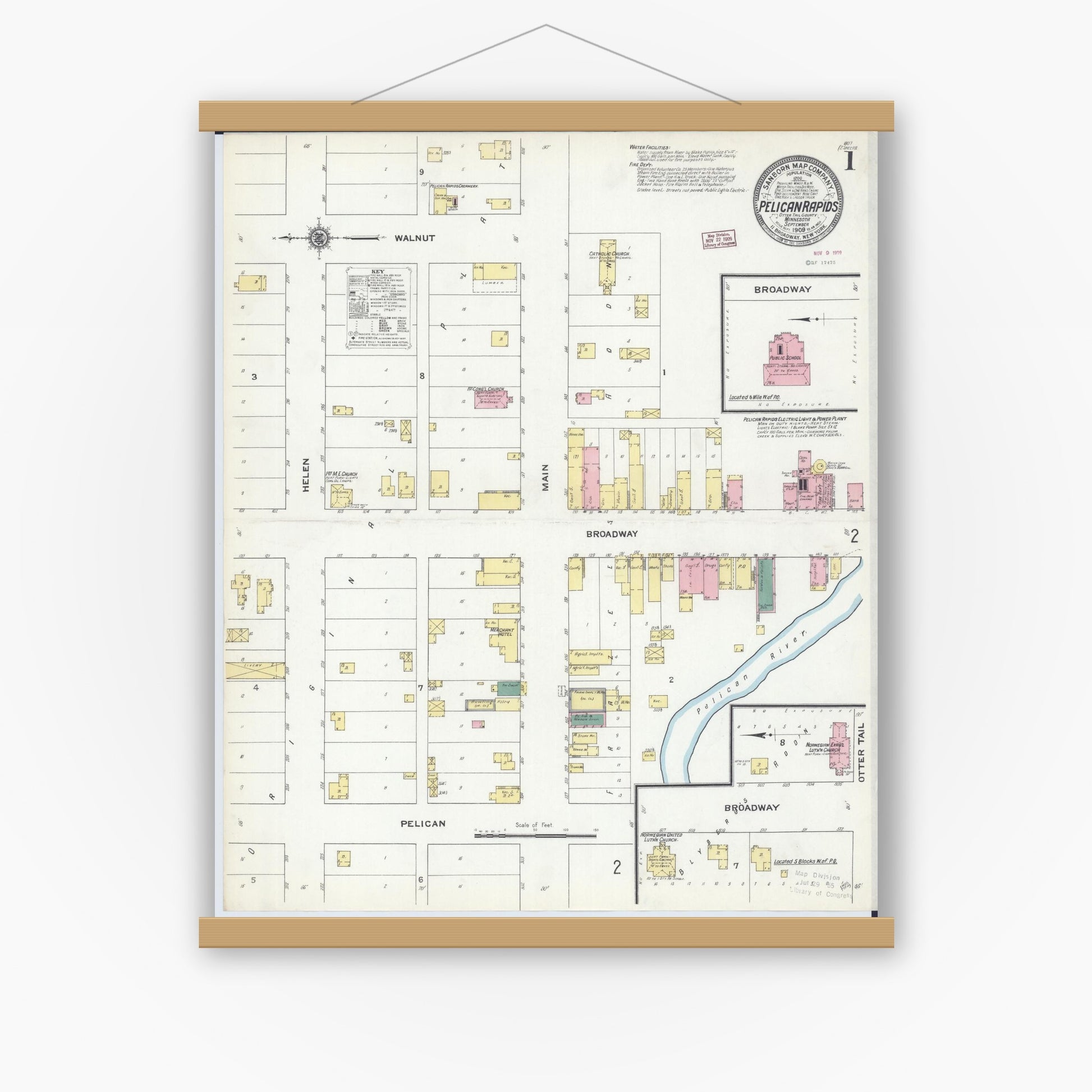 Old map wall art mockup — magnetic wood frame on white wall — Sanborn Fire Insurance Map from Pelican Rapids, Otter Tail County, Minnesota (1909) - Complete Map Set