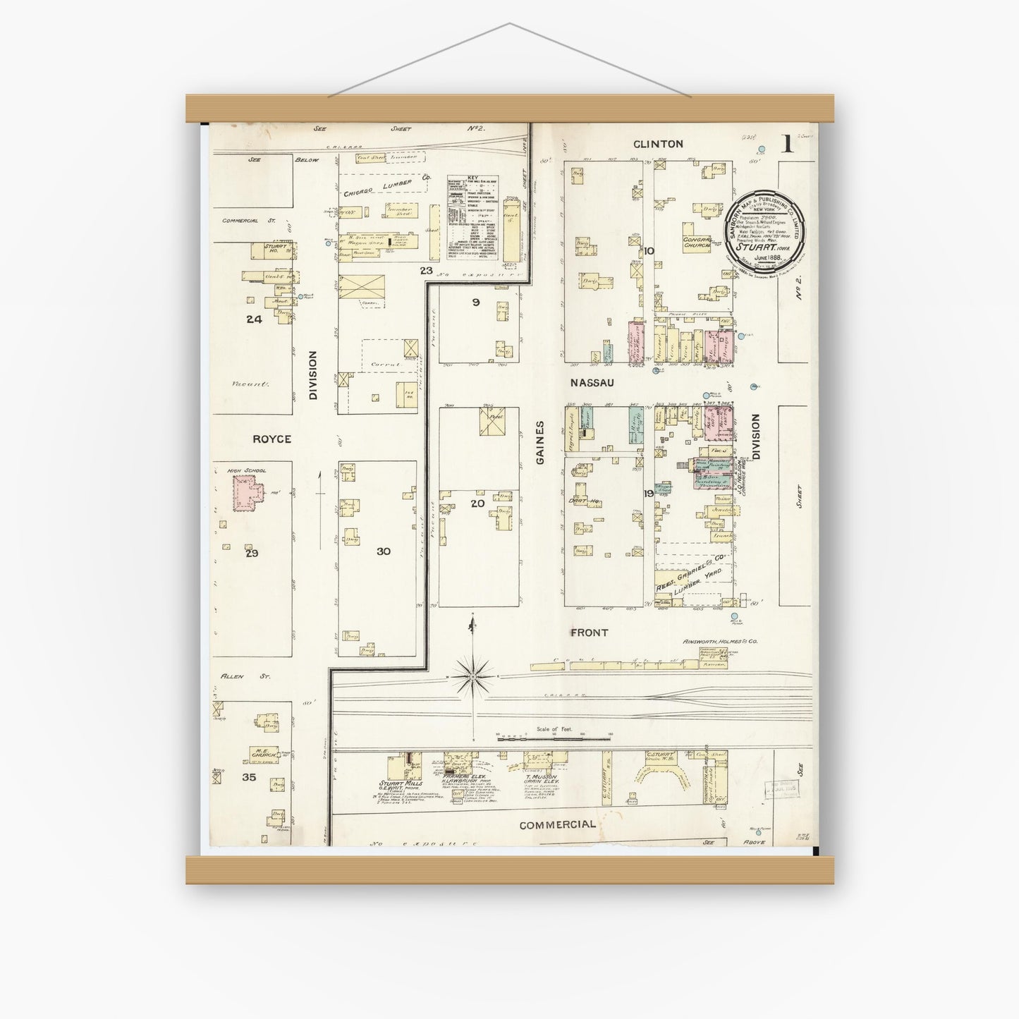 Old map wall art mockup — magnetic wood frame on white wall — Sanborn Fire Insurance Map from Stuart, Guthrie and Adair Counties, Iowa (1888), Sheet #0001