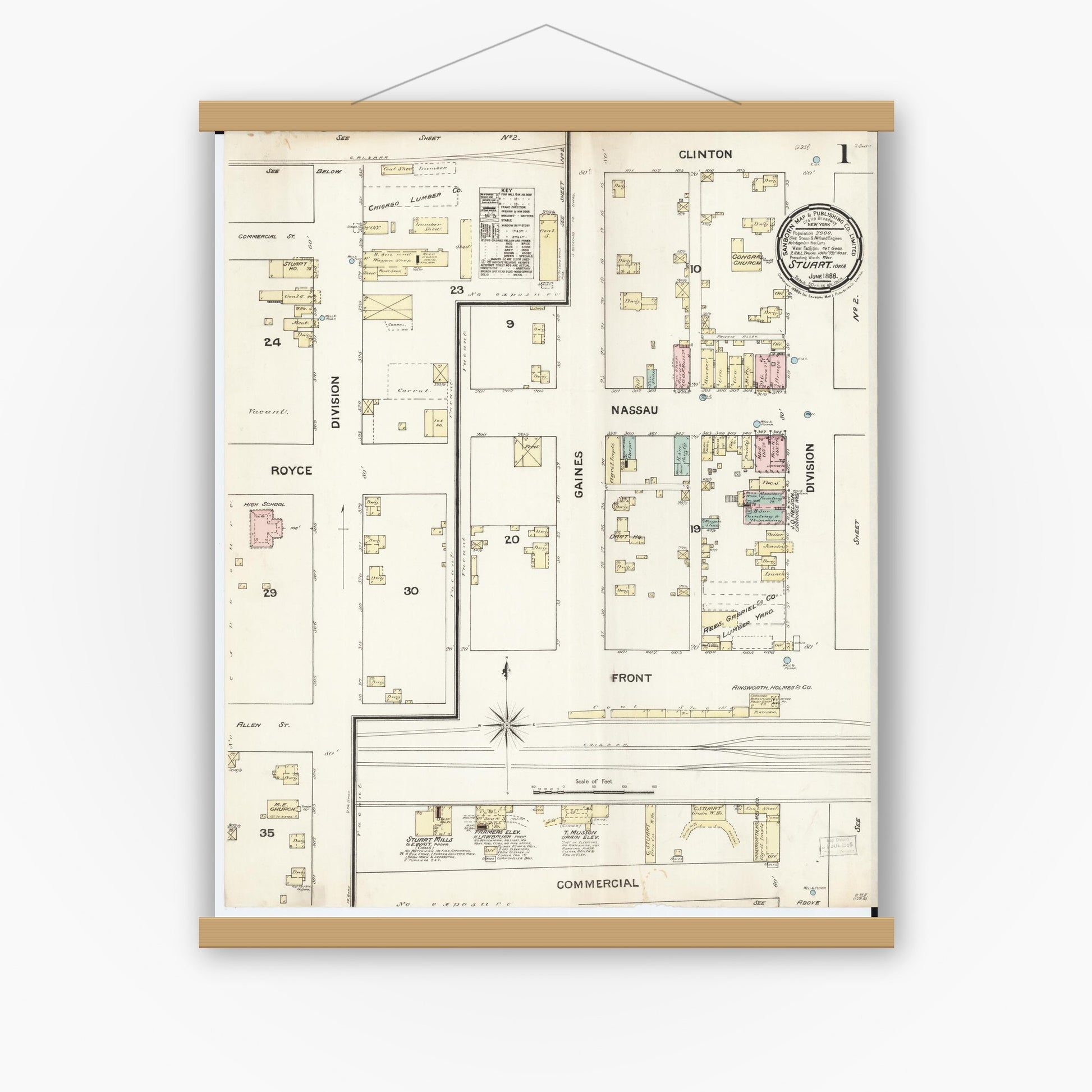 Old map wall art mockup — magnetic wood frame on white wall — Sanborn Fire Insurance Map from Stuart, Guthrie and Adair Counties, Iowa (1888), Sheet #0001