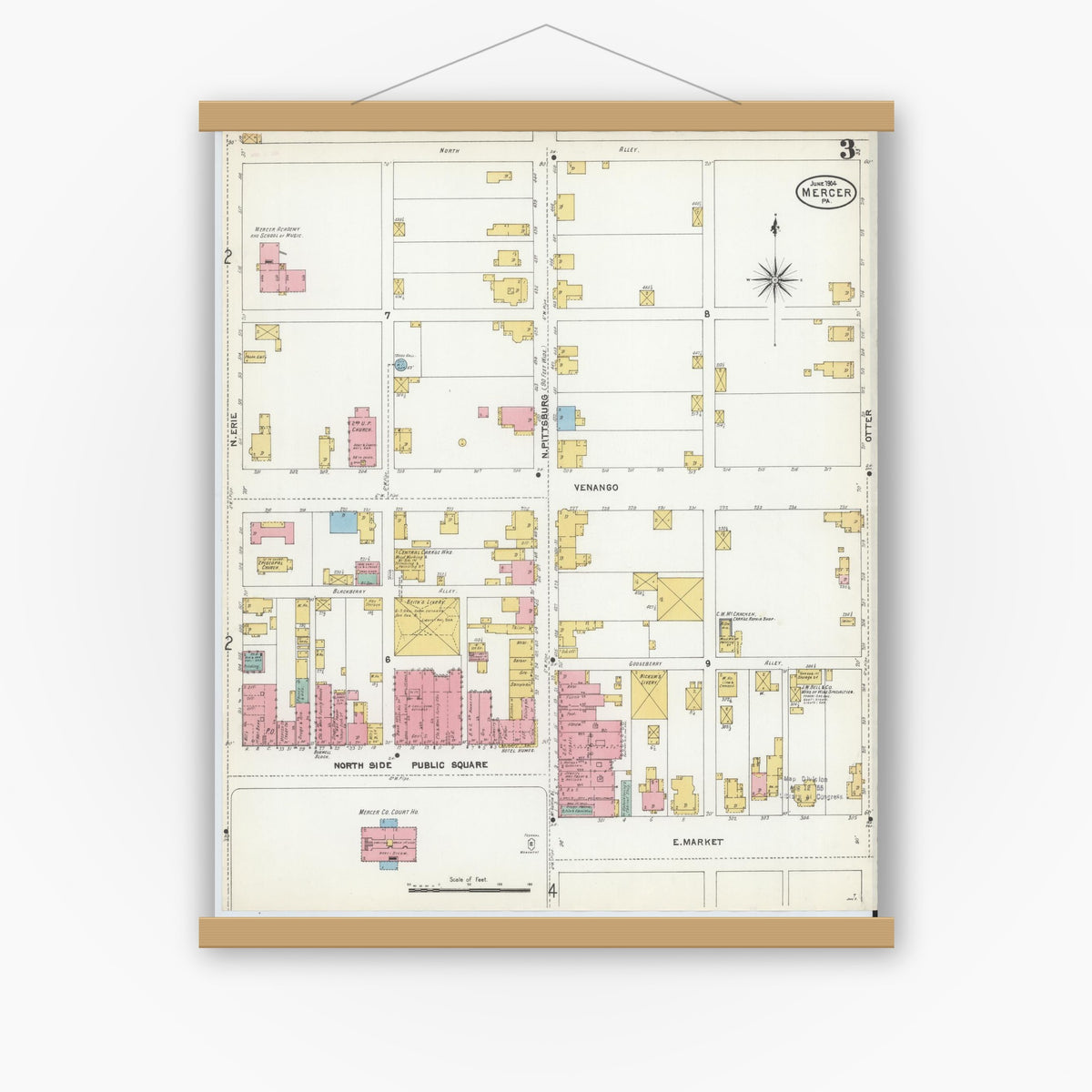 Old map wall art mockup — magnetic wood frame on white wall — Sanborn Fire Insurance Map from Mercer, Mercer County, Pennsylvania (1904), Sheet #0003