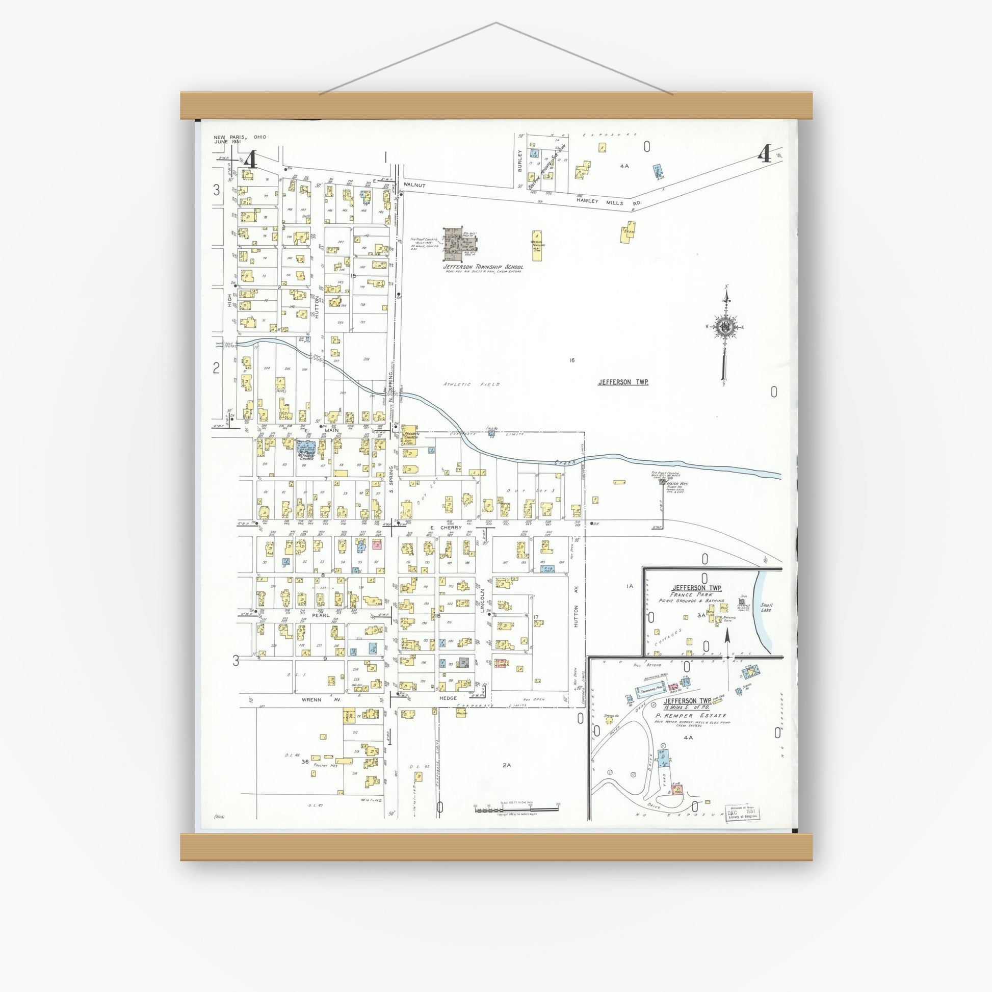 Old map wall art mockup — magnetic wood frame on white wall — Sanborn Fire Insurance Map from New Paris, Preble County, Ohio (1951), Sheet #0004