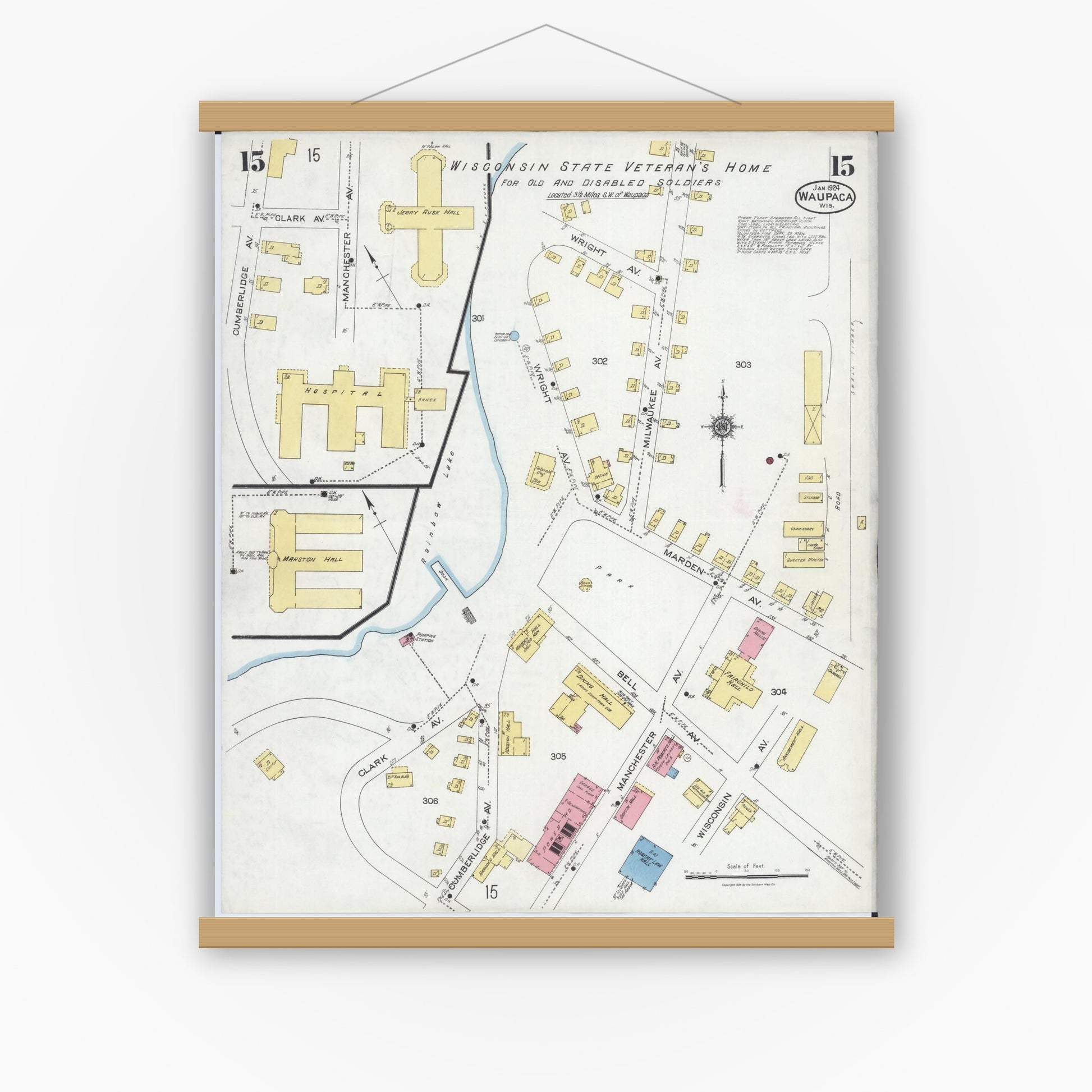Old map wall art mockup — magnetic wood frame on white wall — Sanborn Fire Insurance Map from Waupaca, Waupaca County, Wisconsin (1924), Sheet #0015