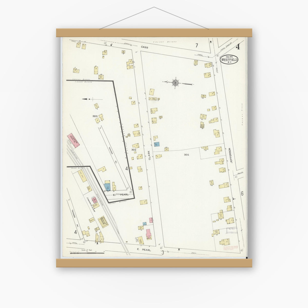 Old map wall art mockup — magnetic wood frame on white wall — Sanborn Fire Insurance Map from Westfield, Chautauqua County, New York (1912), Sheet #0004