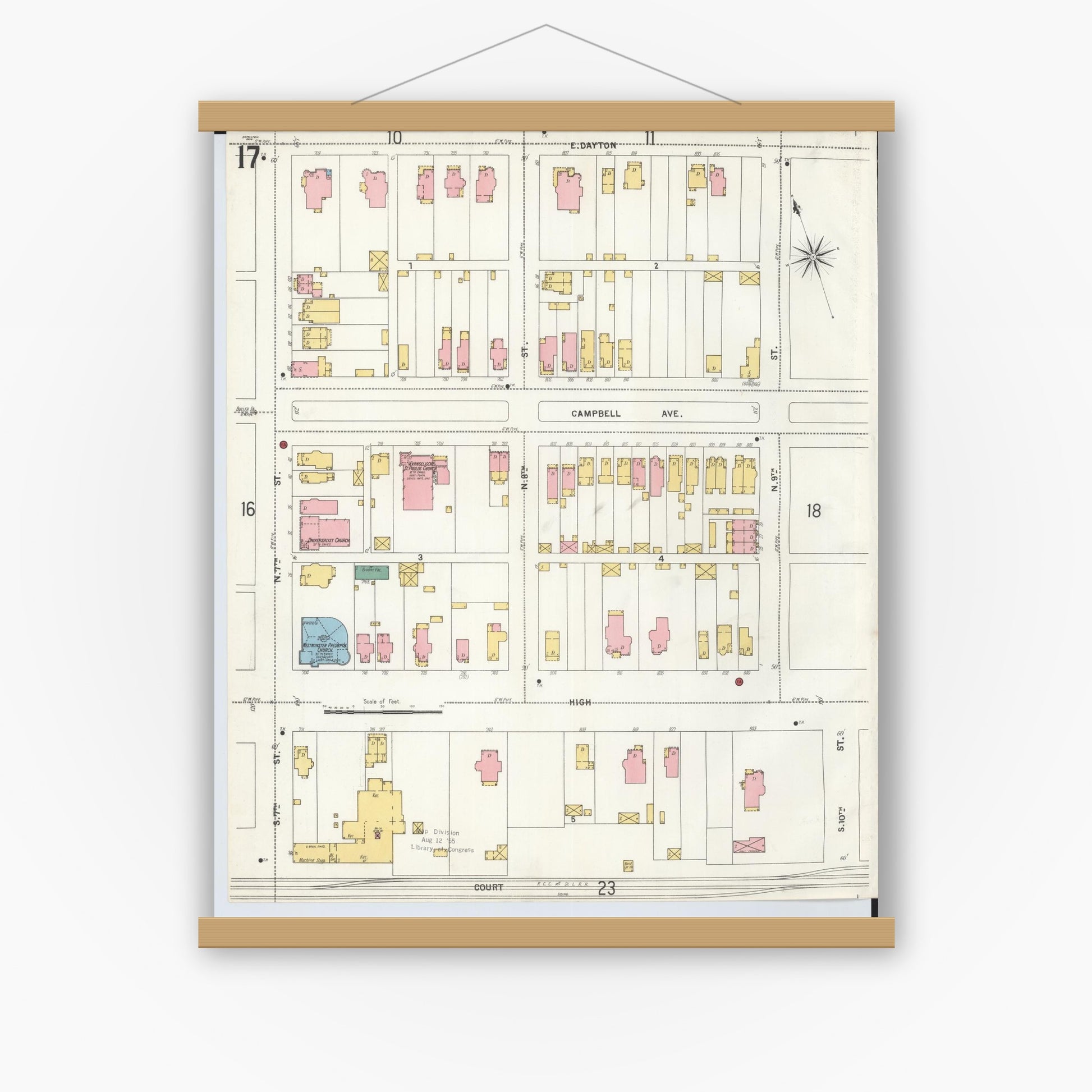 Old map wall art mockup — magnetic wood frame on white wall — Sanborn Fire Insurance Map from Hamilton, Butler County, Ohio (1899), Sheet #0017