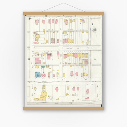 Old map wall art mockup — magnetic wood frame on white wall — Sanborn Fire Insurance Map from Hamilton, Butler County, Ohio (1899), Sheet #0017