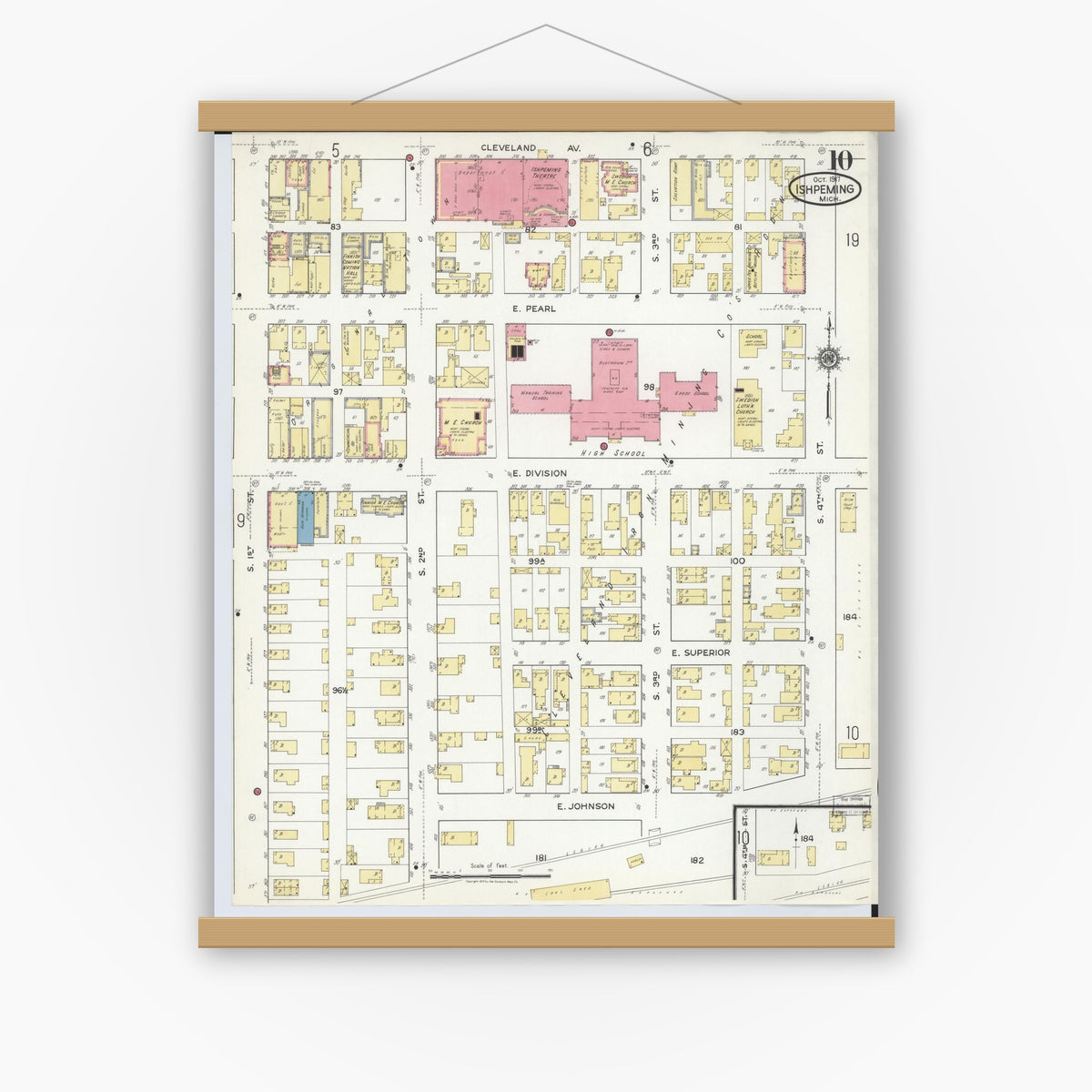 Old map wall art mockup — magnetic wood frame on white wall — Sanborn Fire Insurance Map from Ishpeming, Marquette County, Michigan (1917), Sheet #0010