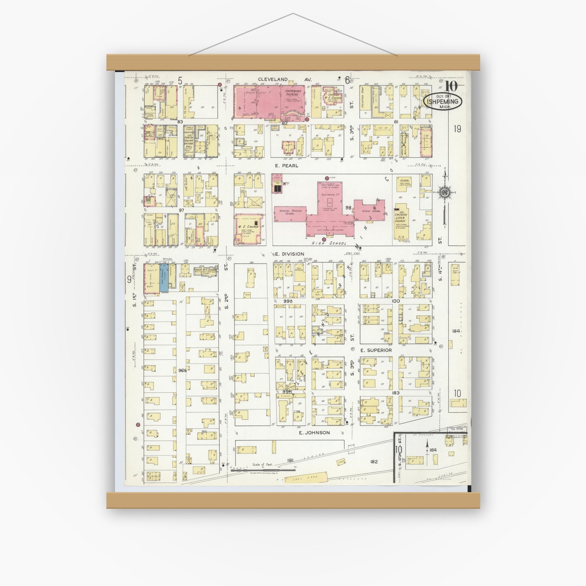 Old map wall art mockup — magnetic wood frame on white wall — Sanborn Fire Insurance Map from Ishpeming, Marquette County, Michigan (1917), Sheet #0010